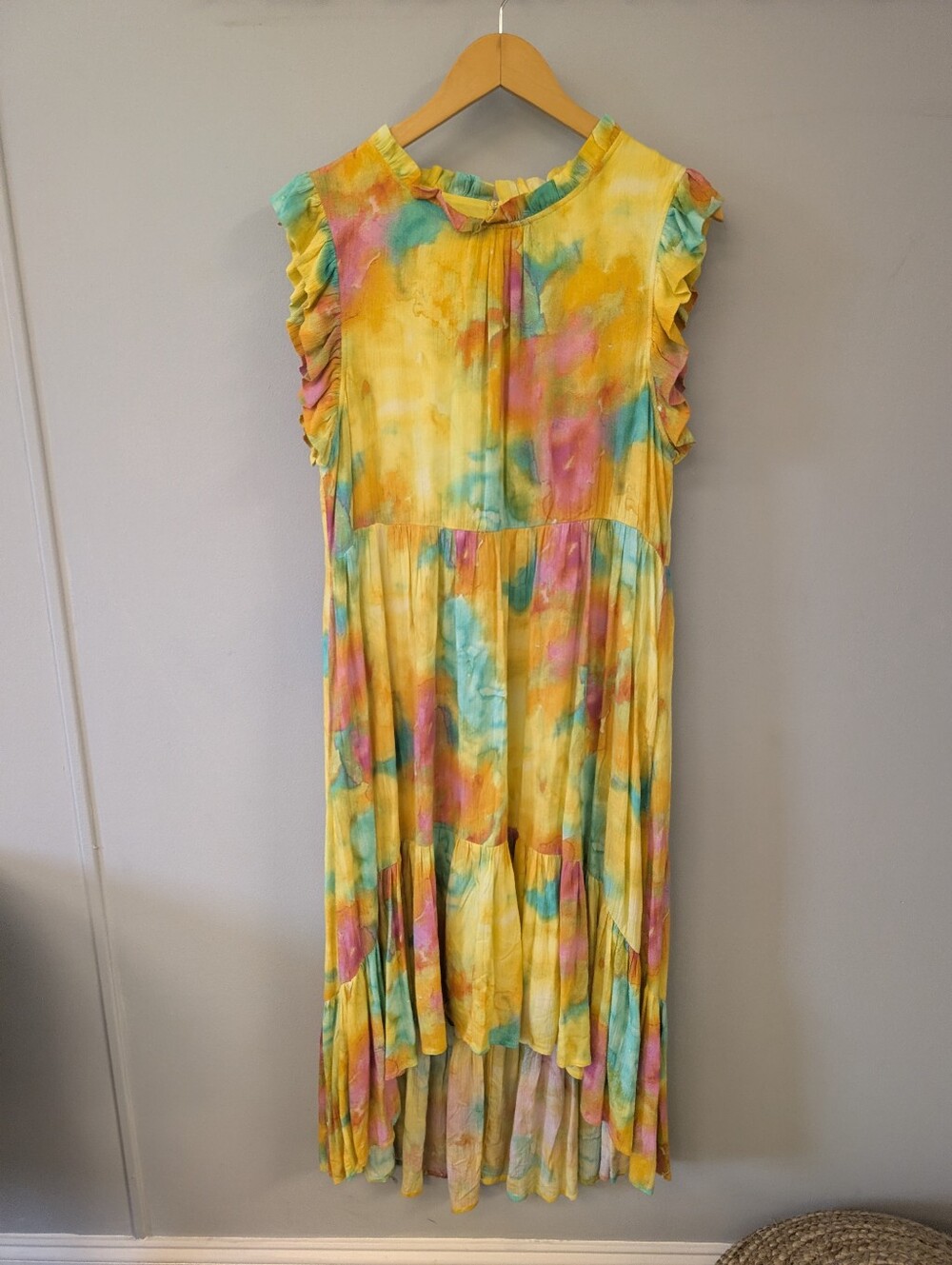 Karlie Dress Size M Yellow Multicolor Midi Maxi High Low Summer Dressy Cottage